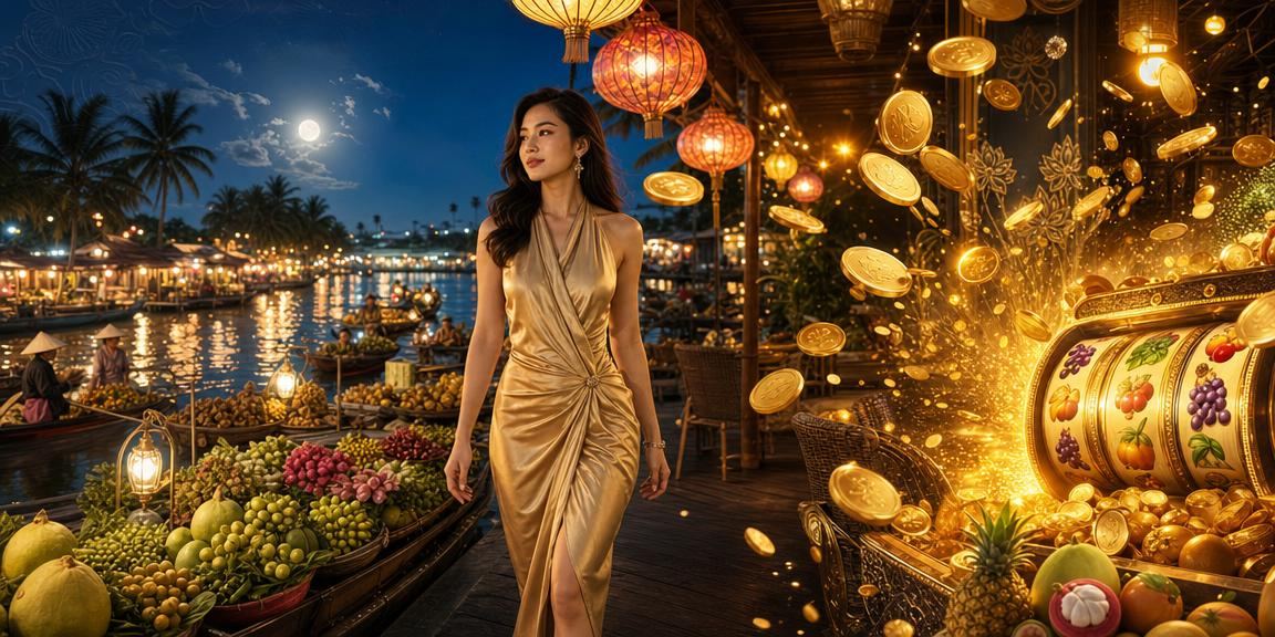 Người chơi slot game tại chợ đêm vùng Mekong, ánh đèn lung linh tạo không khí lễ hội